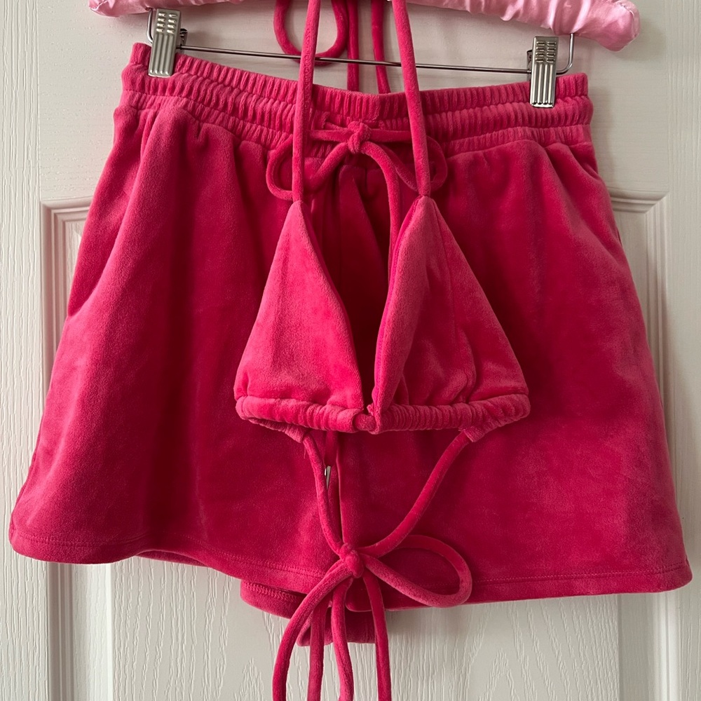 Honeybum Velour Hot Pink Set – Triangle Bikini Top + Drawstring Shorts ✨